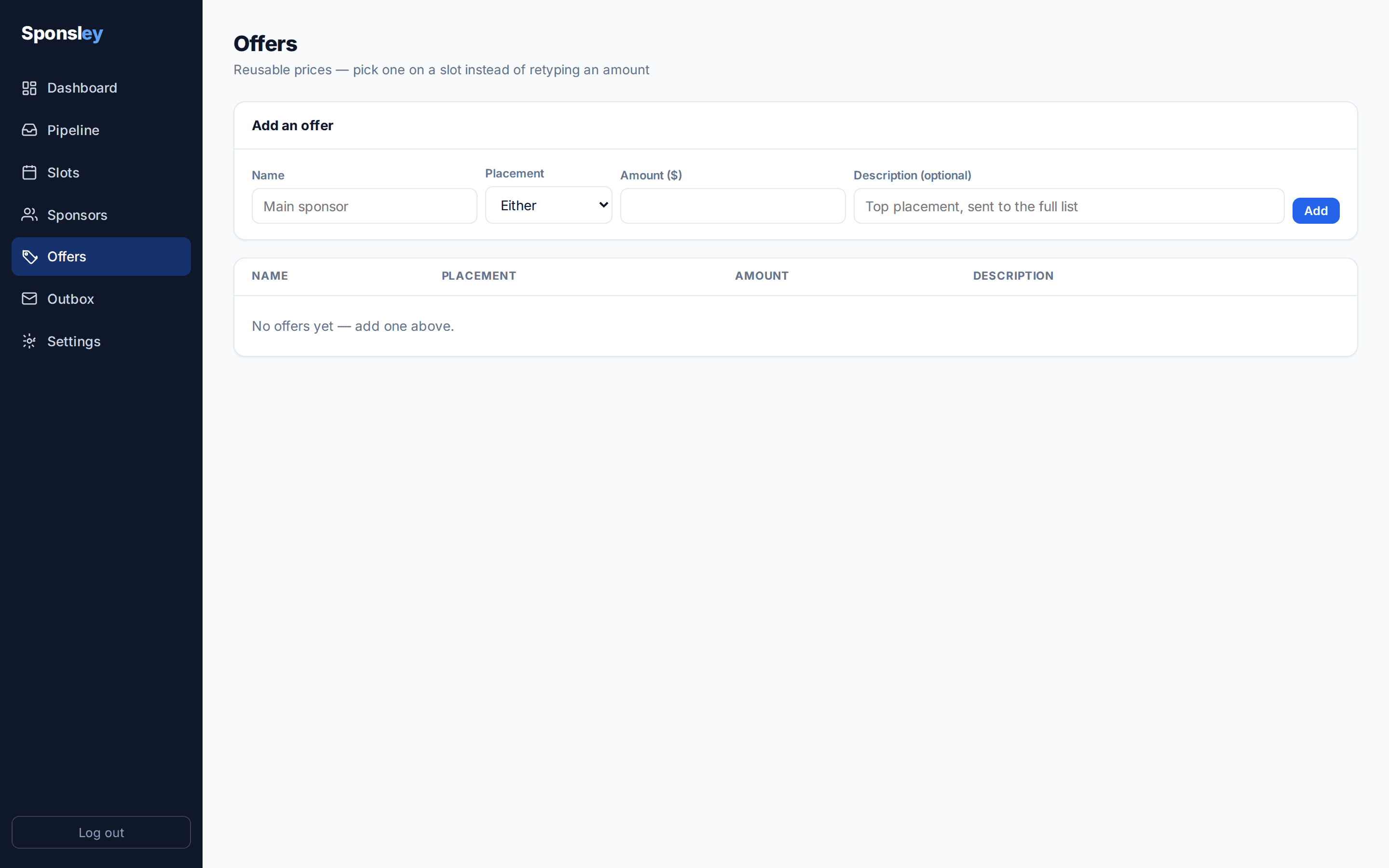 Sponsley offers screen listing slot types and sponsor packs