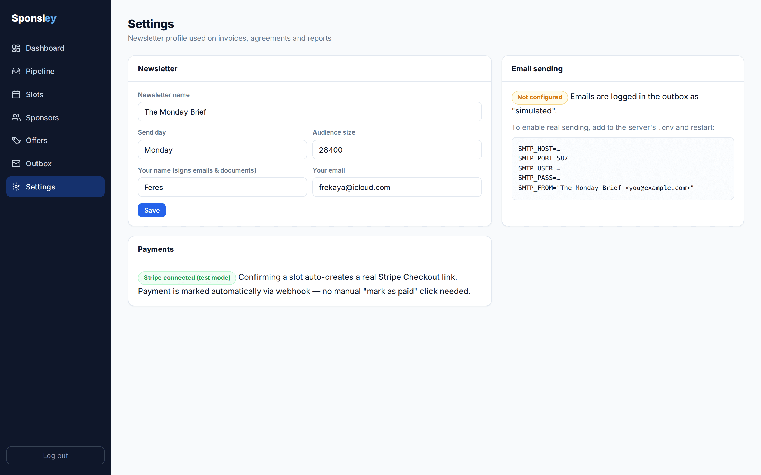 Sponsley settings screen where the newsletter and email platform are connected